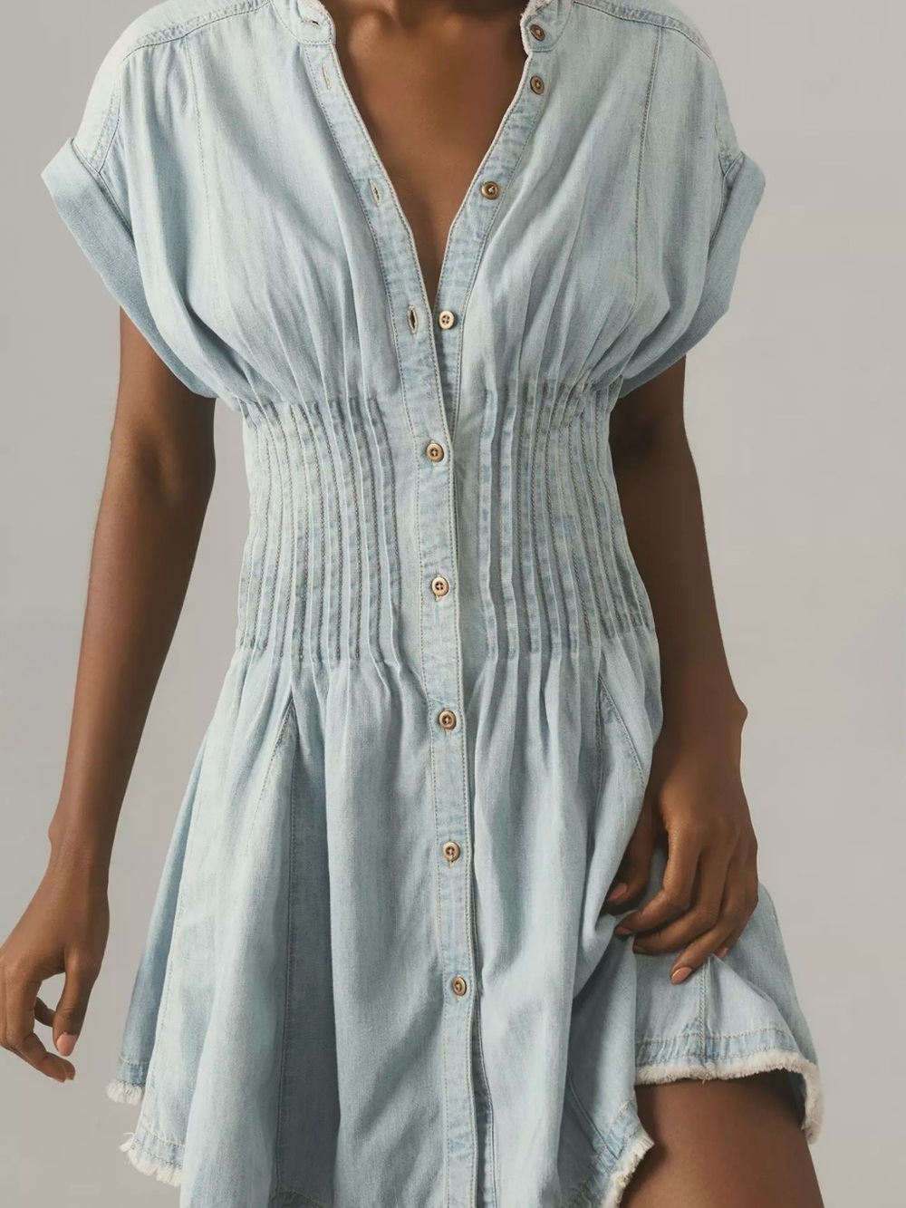 Anthropologie Pilcro Shirred Waist Denim Buttondown Mini Dress